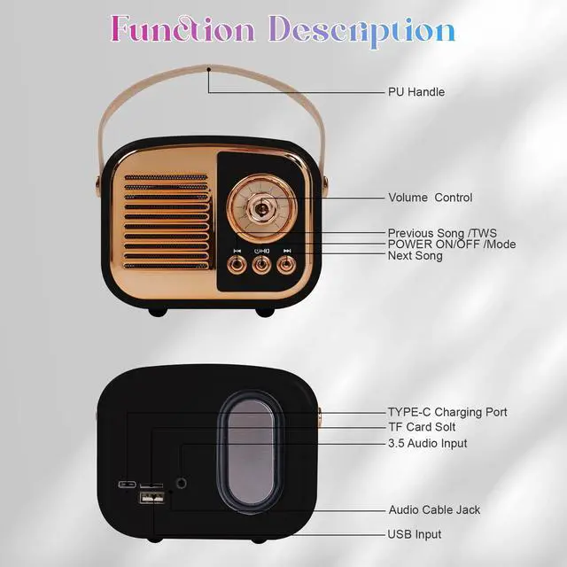 Alt view image 4 of 7 - Retro Bluetooth Speaker, Vintage Wireless Speaker,Portable Mini Radio Old Fashion Style for Room Decor Kitchen Desk Bedroom Office,Supports TWS Pairing for iPhone,Android Devices (Black)
