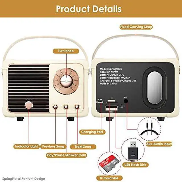 Alt view image 6 of 7 - Retro Bluetooth Speaker, Mini Bluetooth Speaker Wireless with Stereo Sound,Hands-Free Call,400mA Battery,TF Card, Aux Line, for iOS Android Smartphone Home Office, Birthday Gifts White