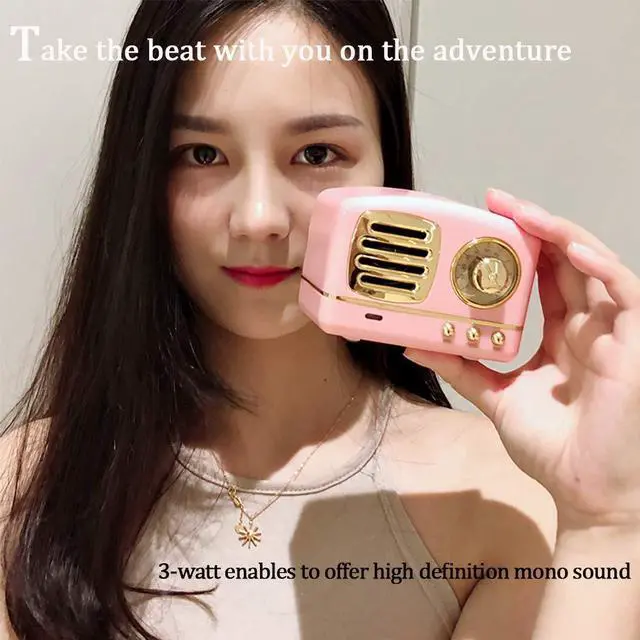 Alt view image 4 of 7 - Portable Bluetooth Stereo Speaker, Enhanced Bass Retro Wireless Vintage Speaker with TF Card Slot, Built-in Mic for Travel, Home, Beach, Kitchen for Android/iOS Devices (Pink)