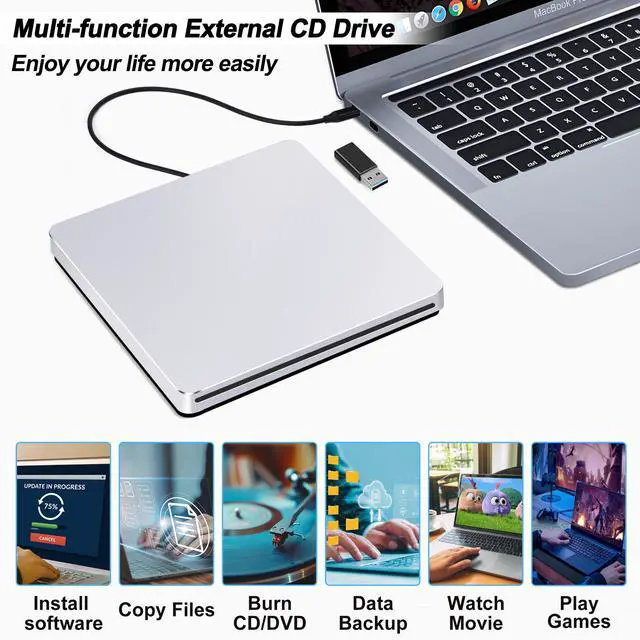 Alt view image 6 of 7 - USB C SuperDrive for Mac: External CD/DVD Drive for Laptop MacBook Apple Slot-in CD Burner DVD Player Plug and Play for Windows PC with USB 3.0 Adapter Aluminum(Silver)
