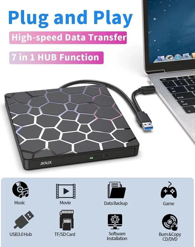 Alt view image 2 of 7 - External CD DVD Drive,8 in 1 USB 3.0 and Type-C CD Burner Player Writer with 4 USB Ports and 1 TF/SD Card Slots,Ultra Slim Optical Disk Driver for Laptop Mac PC Windows Linux OS
