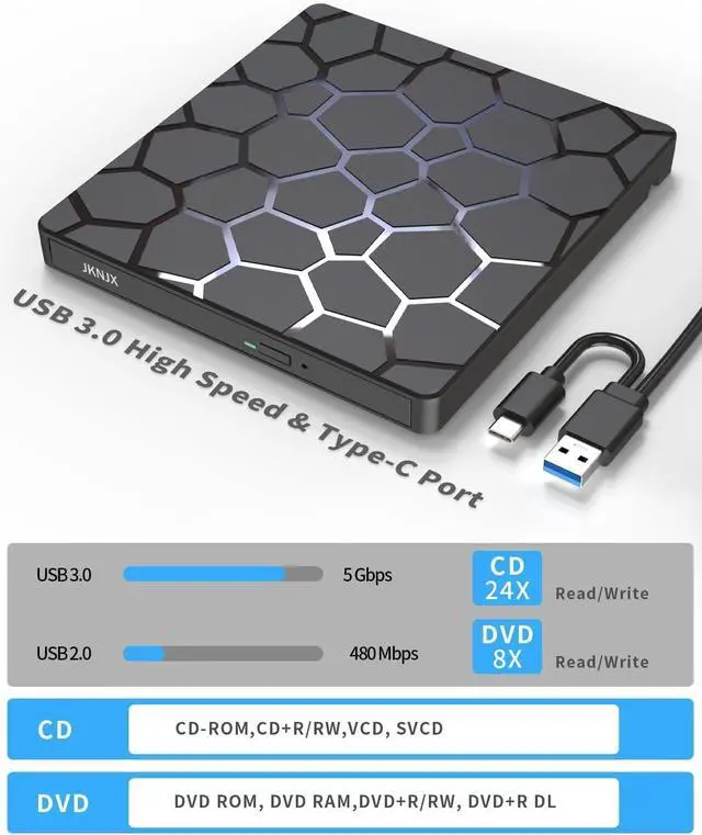 Alt view image 4 of 7 - External CD DVD Drive,8 in 1 USB 3.0 and Type-C CD Burner Player Writer with 4 USB Ports and 1 TF/SD Card Slots,Ultra Slim Optical Disk Driver for Laptop Mac PC Windows Linux OS