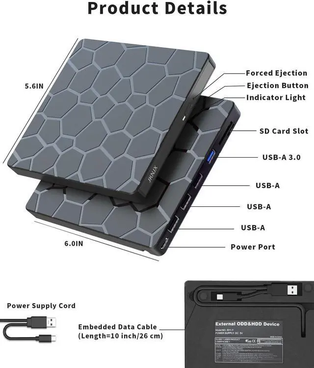 Alt view image 6 of 7 - External CD DVD Drive,8 in 1 USB 3.0 and Type-C CD Burner Player Writer with 4 USB Ports and 1 TF/SD Card Slots,Ultra Slim Optical Disk Driver for Laptop Mac PC Windows Linux OS