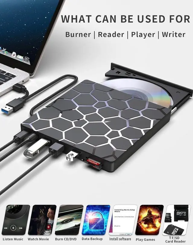 Alt view image 3 of 7 - External CD DVD Drive,8 in 1 USB 3.0 and Type-C CD Burner Player Writer with 4 USB Ports and 1 TF/SD Card Slots,Ultra Slim Optical Disk Driver for Laptop Mac PC Windows Linux OS