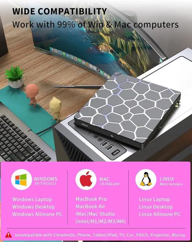 Alt view image 5 of 7 - External CD DVD Drive,8 in 1 USB 3.0 and Type-C CD Burner Player Writer with 4 USB Ports and 1 TF/SD Card Slots,Ultra Slim Optical Disk Driver for Laptop Mac PC Windows Linux OS