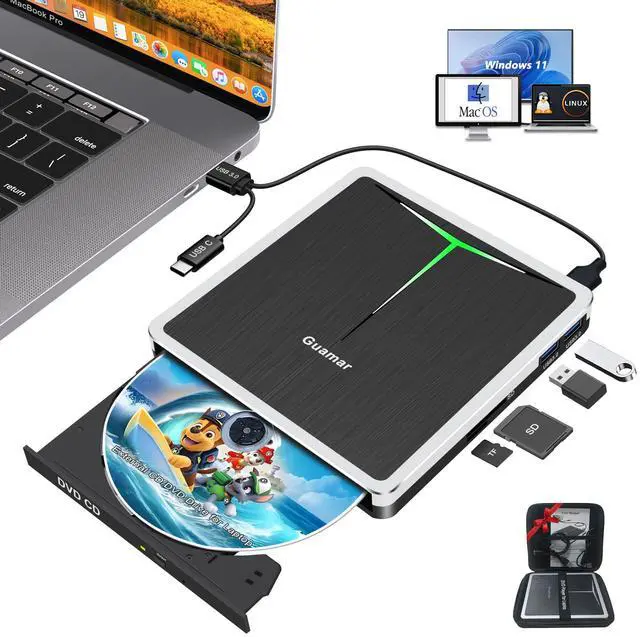 Main image of External DVD Drive for PC: USB-C CD Burner Player for Laptop Mac Windows 11 with SD/TF Slot/2 USB Ports/Carrying Case Read Write Music/Movie/Photo Portable Plug & Play