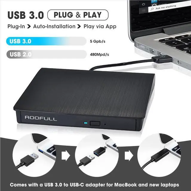Alt view image 3 of 7 - External CD DVD Drive for Laptop, USB 3.0 Type-C Portable CD/DVD+/-RW Optical Drive Reader Writer Burner Player for Windows 11/10/8/7 Computer Mac MacBook Linux PC