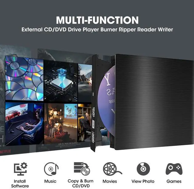 Alt view image 5 of 7 - External CD DVD Drive for Laptop, USB 3.0 Type-C Portable CD/DVD+/-RW Optical Drive Reader Writer Burner Player for Windows 11/10/8/7 Computer Mac MacBook Linux PC