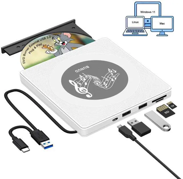 Main image of External CD DVD Drive: USB C & USB 3.0 CD Burner DVD Player for Laptop PC Windows 11 Mac Linux - Optical Disc Reader Writer with 2 USB/TF/SD Slots - Plug & Play White