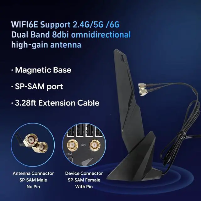 Alt view image 2 of 7 - SMA WiFi 6e 2T2R Antenna 2.4G/5G Dual Band for GIGABYTE AORUS Z390 Z270 Z370 Z490 Z590 Z690 X470 X570 X570S X570I H470 H470I H610 B460 B450 B550 B560 B660 AX X299X Magnetic Base PC Desktop