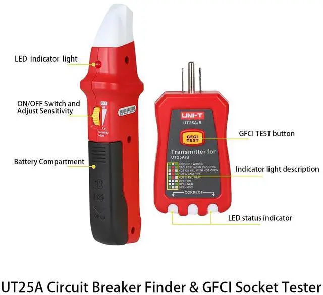 Alt view image 3 of 7 - UNI-T UT25A Digital AC Circuit Breaker Finder and Tracker Kit with Electrical Integrated GFCI Outlet Socket Tester, Working on AC 90-120V, Adjustable Sensitivity Buzzer Indication, Flashing LEDs
