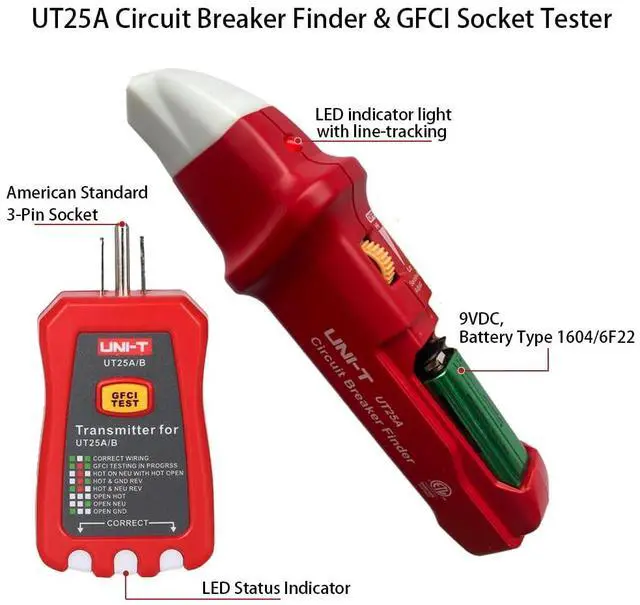 Alt view image 2 of 7 - UNI-T UT25A Digital AC Circuit Breaker Finder and Tracker Kit with Electrical Integrated GFCI Outlet Socket Tester, Working on AC 90-120V, Adjustable Sensitivity Buzzer Indication, Flashing LEDs
