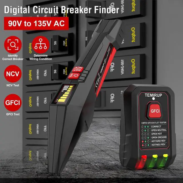 Alt view image 3 of 7 - Circuit Breaker Finder with LCD Display, GFCI Outlet Tester, 90-135V AC Electrical Circuit Tracer Tool with NCV Test & Flashlight, Includes Carrying Case, Adapter, Alligator Clips