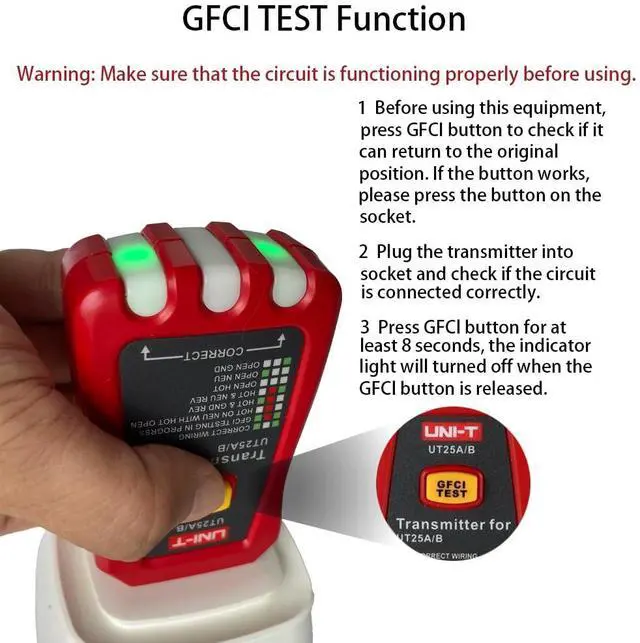 Alt view image 6 of 7 - UNI-T UT25A Digital AC Circuit Breaker Finder and Tracker Kit with Electrical Integrated GFCI Outlet Socket Tester, Working on AC 90-120V, Adjustable Sensitivity Buzzer Indication, Flashing LEDs