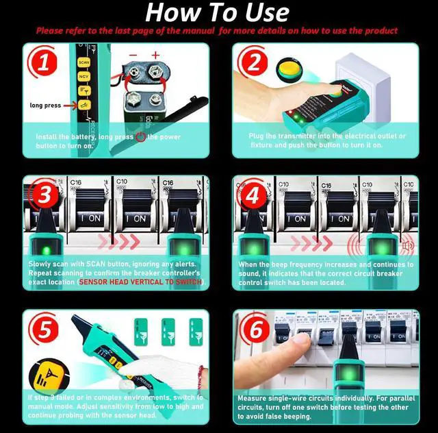 Alt view image 6 of 6 - Digital AC Circuit Breaker Finder Tool with Integrated GFCI Outlet Tester, 90-120V NCV Electrical Circuit Tracer Automatically Scan Voltage Detector Electrician Tool XT-33A