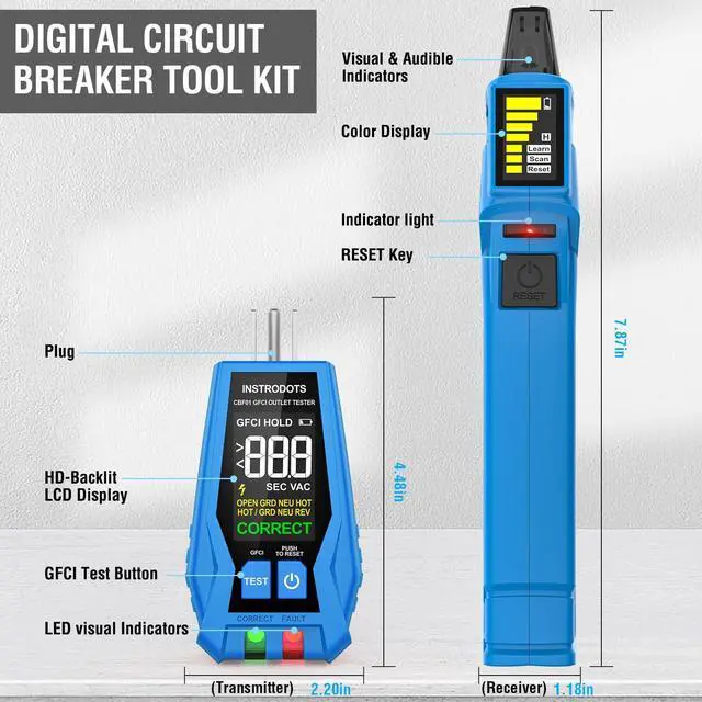 Alt view image 5 of 7 - Circuit Breaker Finder, Digital Breaker Finder with GFCI Outlet Tester, AC 90-135V Electrical Circuit Tracer with Buzzer Alarm & Color LCD Display, Includes Batteries & Carrying Case
