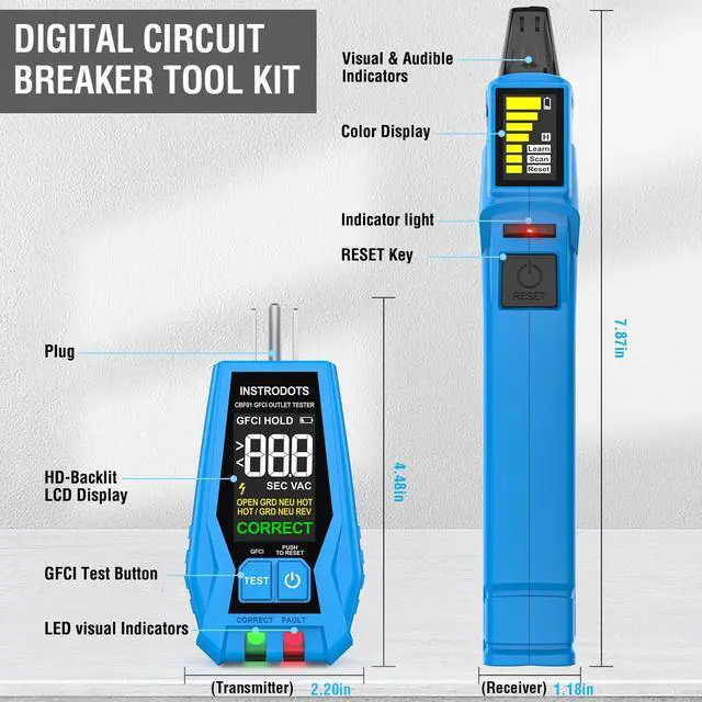 Alt view image 6 of 7 - Circuit Breaker Finder Tool with Accessories, 90-135V AC Digital Breaker Finder with Integrated GFCI Outlet Tester, Circuit Tracer with Buzzer Alarm & Color Display, Includes Carrying Case