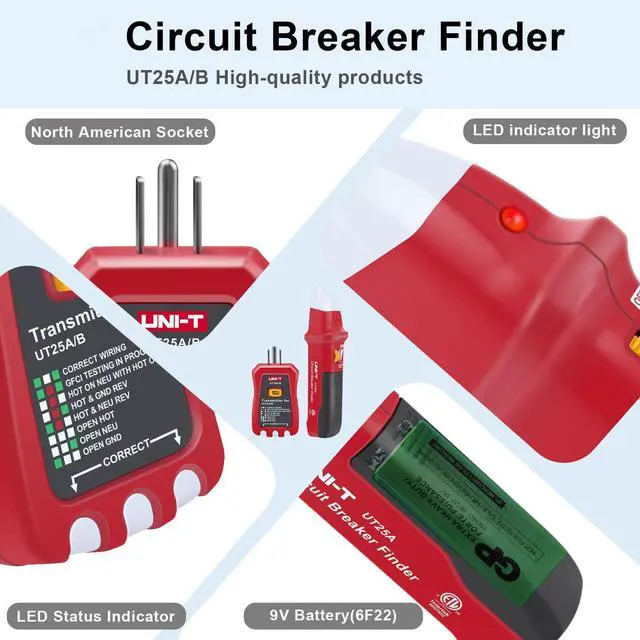 Alt view image 6 of 7 - AC Circuit Breaker Finder and Tracer Tool Kit with Electrical Integrated GFCI Outlet Tester, AC 90-120V USA Plug + Adjustable Sensitivity Beeper Indicattion+ Flashing LED Light - UT25A