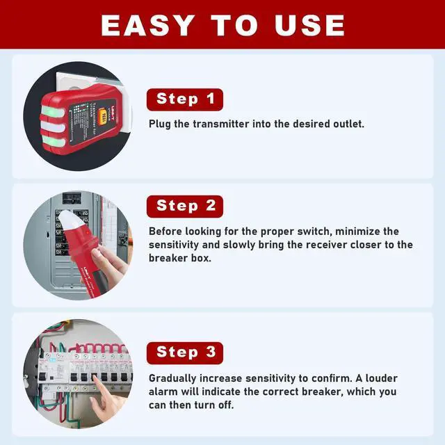 Alt view image 4 of 7 - AC Circuit Breaker Finder and Tracer Tool Kit with Electrical Integrated GFCI Outlet Tester, AC 90-120V USA Plug + Adjustable Sensitivity Beeper Indicattion+ Flashing LED Light - UT25A