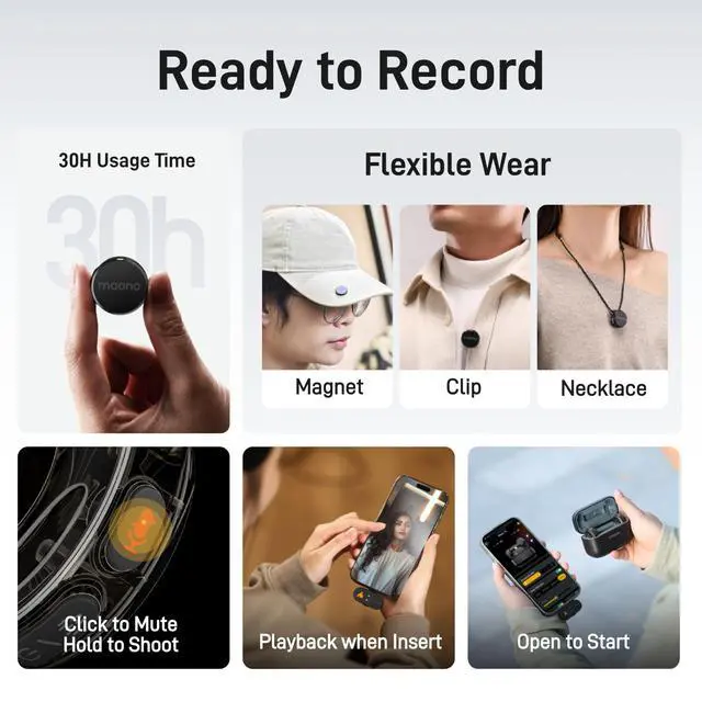 Alt view image 4 of 7 - Wave T5 Wireless Lavalier Microphone for iPhone15/16/17 Android Phone | Magnetic Lapel Mini Mic with 48KHz 24Bit Audio, AI Noise Cancelling,Mute,1000ft for Podcast Video Record Vlog Content Creator