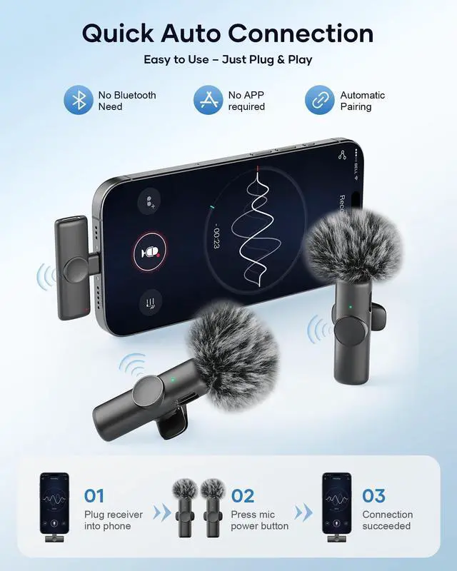 Alt view image 2 of 7 - Wireless Microphone for iPhone iPad and Android Phone, 2 Pack Wireless Lavalier Lapel Mic with Noise Reduction, Plug and Play Mini Microphone for Video Recording Interview Podcast YouTube TikTok Vlog
