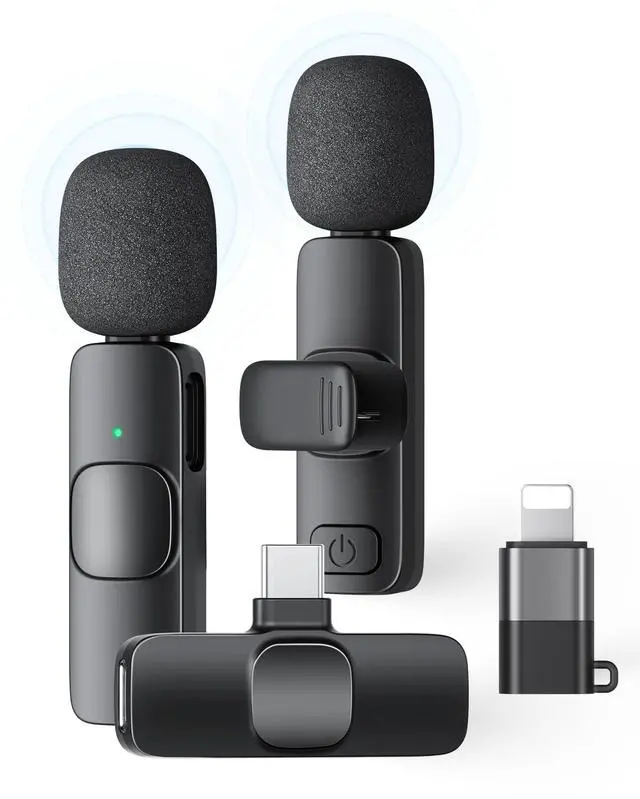 Main image of 2 Pack Wireless Lavalier Microphone for iPhone iPad and Android Phone, Lapel Mic Plug and Play Wireless Mic Noise Reduction Mini Microphone for Video Recording Interview Podcast Vlog YouTube Tiktok