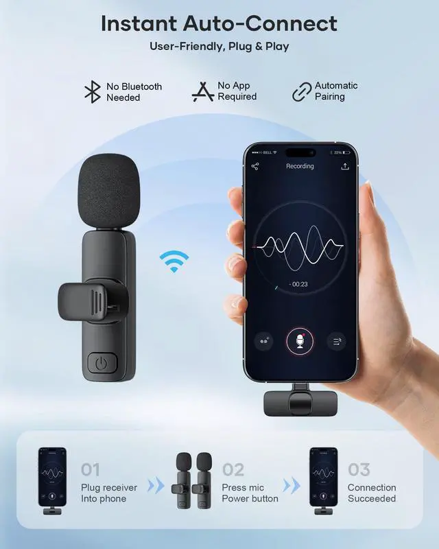 Alt view image 2 of 7 - 2 Pack Wireless Lavalier Microphone for iPhone iPad and Android Phone, Lapel Mic Plug and Play Wireless Mic Noise Reduction Mini Microphone for Video Recording Interview Podcast Vlog YouTube Tiktok