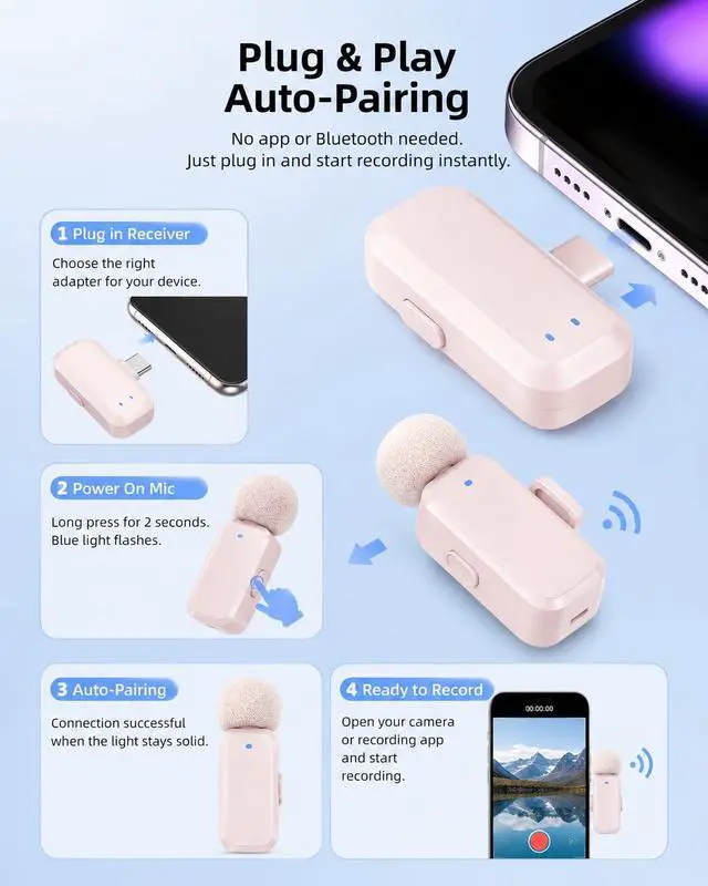 Alt view image 2 of 7 - mini 2 Wireless Lavalier Microphones for iPhone 16/17 & Android, AI Noise Cancellation, App Control, 30H Battery with Charging Case, Lapel Microphone Wireless for Video Pink