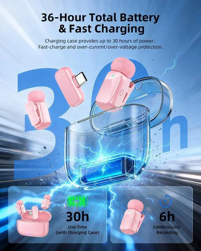 Alt view image 4 of 7 - mini 2 Wireless Lavalier Microphones for iPhone 16/17 & Android, AI Noise Cancellation, App Control, 30H Battery with Charging Case, Lapel Microphone Wireless for Video Pink