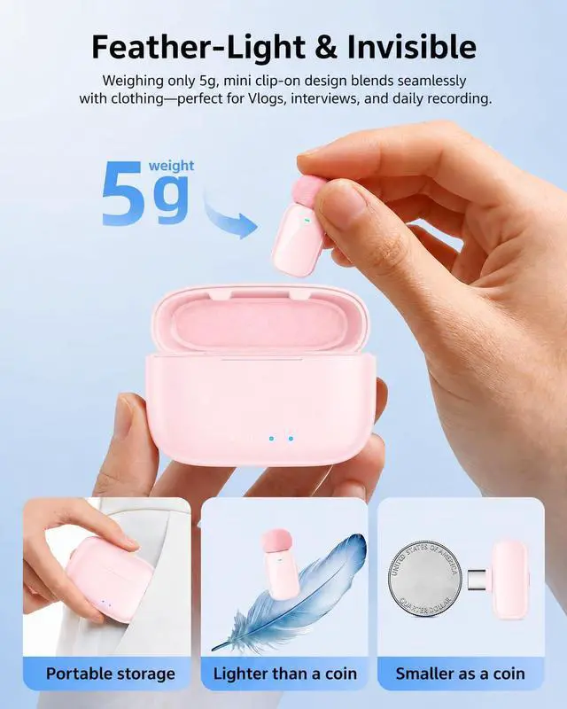 Alt view image 3 of 7 - mini 2 Wireless Lavalier Microphones for iPhone 16/17 & Android, AI Noise Cancellation, App Control, 30H Battery with Charging Case, Lapel Microphone Wireless for Video Pink