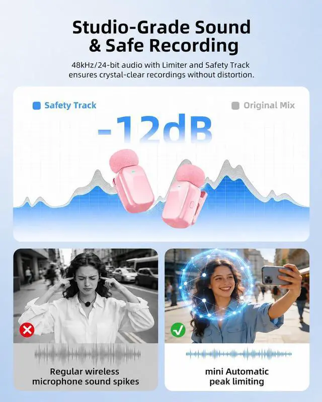 Alt view image 5 of 7 - mini 2 Wireless Lavalier Microphones for iPhone 16/17 & Android, AI Noise Cancellation, App Control, 30H Battery with Charging Case, Lapel Microphone Wireless for Video Pink