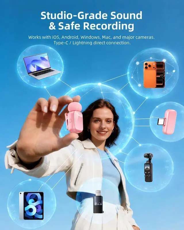 Alt view image 6 of 7 - mini 2 Wireless Lavalier Microphones for iPhone 16/17 & Android, AI Noise Cancellation, App Control, 30H Battery with Charging Case, Lapel Microphone Wireless for Video Pink