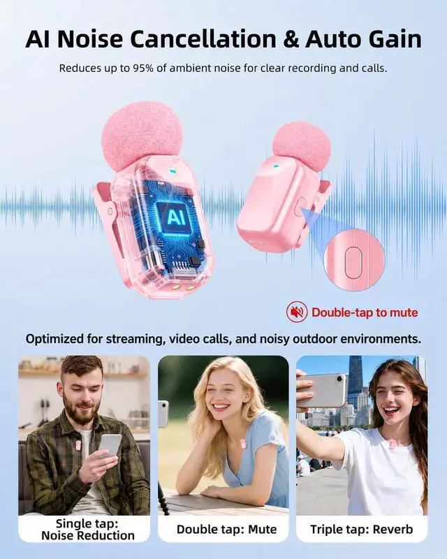 Alt view image 7 of 7 - mini 2 Wireless Lavalier Microphones for iPhone 16/17 & Android, AI Noise Cancellation, App Control, 30H Battery with Charging Case, Lapel Microphone Wireless for Video Pink