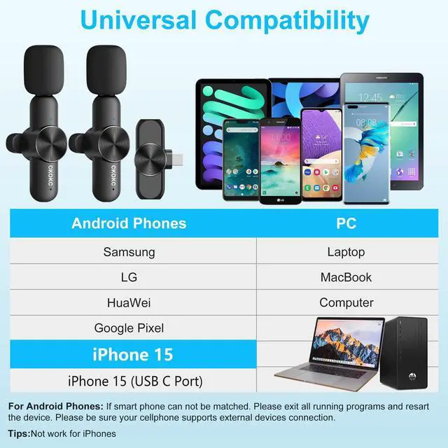 Alt view image 3 of 7 - Wireless Microphones for iPhone 15 - Android Phone & Computer/Laptop, Mini Professional Wireless Lavalier Microphone for Video Recording Podcast Cordless Lapel Mic with USB C