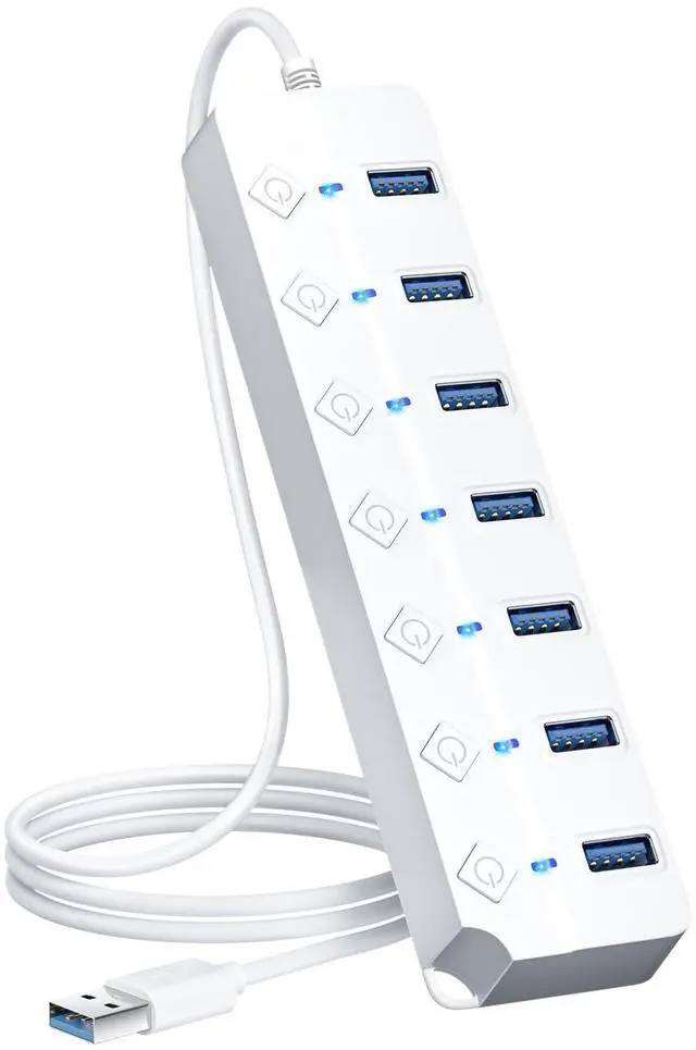 Main image of USB Hub 3.0, 7-Port USB Hub Splitter with Individual On/Off Switches and Lights, 3.2ft/1m Long Cable Compatible with MacBook, Laptop, Surface Pro, PS4, PC, Flash Drive, Mobile HDD-White