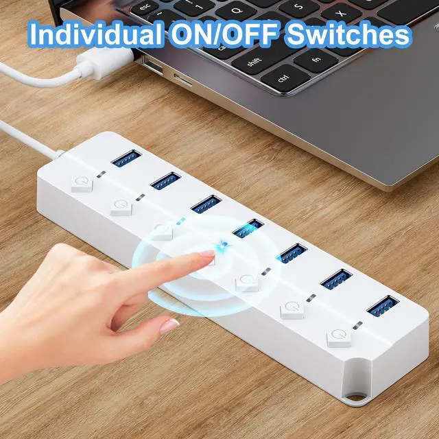Alt view image 4 of 7 - USB Hub 3.0, 7-Port USB Hub Splitter with Individual On/Off Switches and Lights, 3.2ft/1m Long Cable Compatible with MacBook, Laptop, Surface Pro, PS4, PC, Flash Drive, Mobile HDD-White