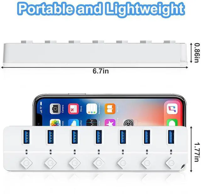 Alt view image 5 of 7 - USB Hub 3.0, 7-Port USB Hub Splitter with Individual On/Off Switches and Lights, 3.2ft/1m Long Cable Compatible with MacBook, Laptop, Surface Pro, PS4, PC, Flash Drive, Mobile HDD-White