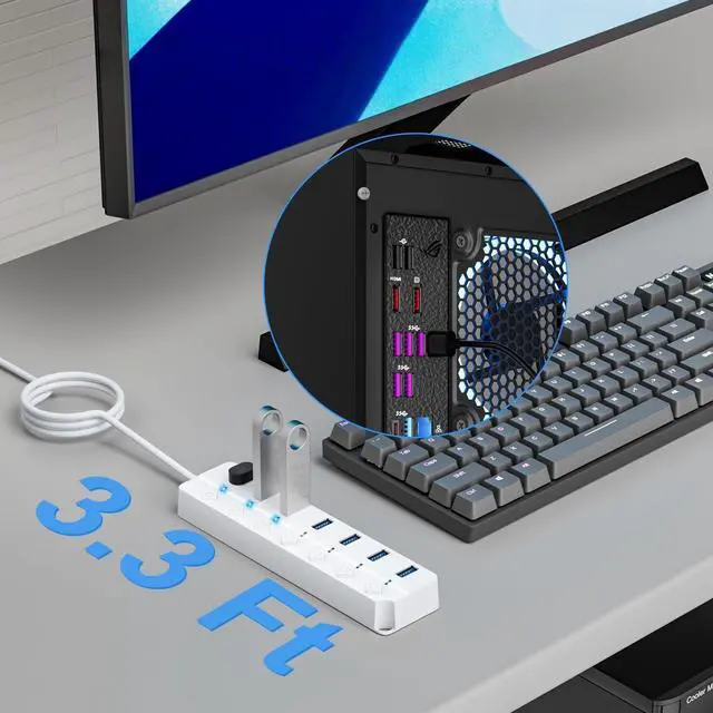 Alt view image 6 of 7 - USB Hub 3.0, 7-Port USB Hub Splitter with Individual On/Off Switches and Lights, 3.2ft/1m Long Cable Compatible with MacBook, Laptop, Surface Pro, PS4, PC, Flash Drive, Mobile HDD-White