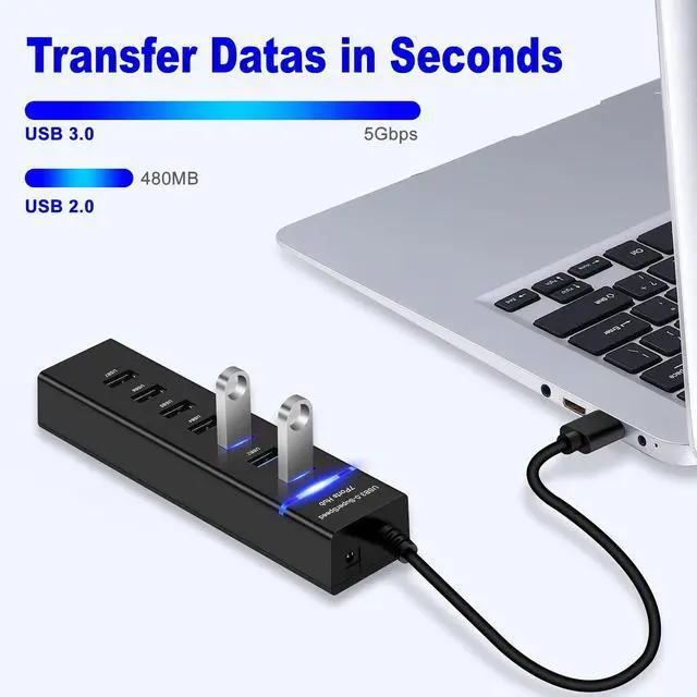 Alt view image 2 of 7 - 7-Port USB Hub, Multiple USB, 6 Port USB Hub, USB 3.0 USB 2.0 Hub, USB Splitter for Laptop, PC, Keyboard, Mouse, SSD, Dell, HP, Lenovo, MacBook, Acer, Surface, 1ft