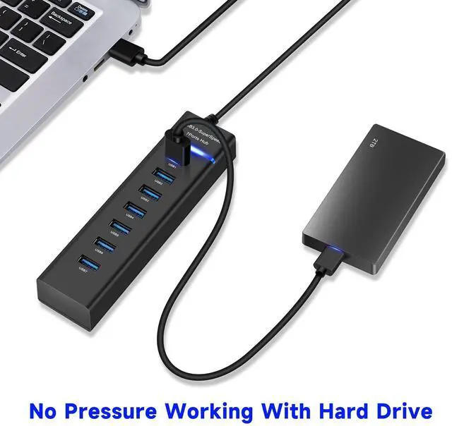 Alt view image 3 of 7 - 7-Port USB Hub, Multiple USB, 6 Port USB Hub, USB 3.0 USB 2.0 Hub, USB Splitter for Laptop, PC, Keyboard, Mouse, SSD, Dell, HP, Lenovo, MacBook, Acer, Surface, 1ft