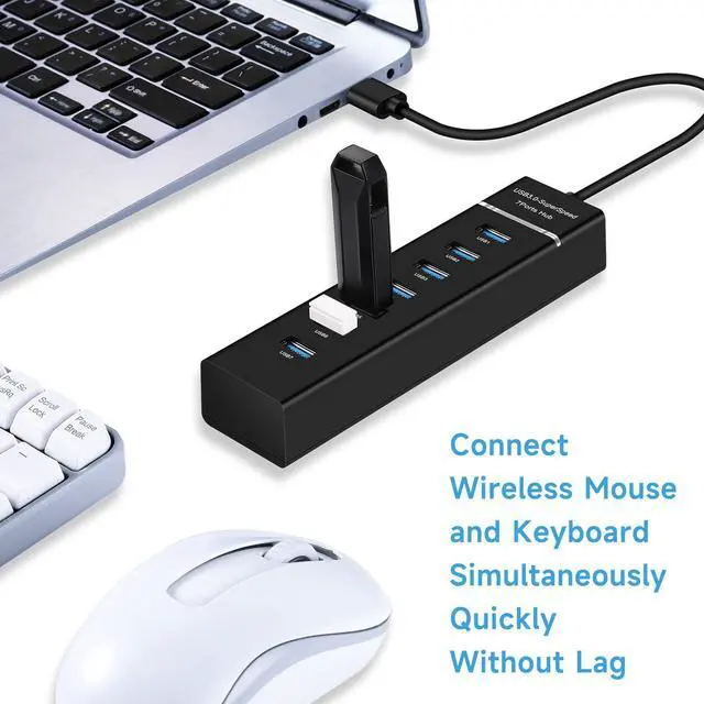 Alt view image 4 of 7 - 7-Port USB Hub, Multiple USB, 6 Port USB Hub, USB 3.0 USB 2.0 Hub, USB Splitter for Laptop, PC, Keyboard, Mouse, SSD, Dell, HP, Lenovo, MacBook, Acer, Surface, 1ft