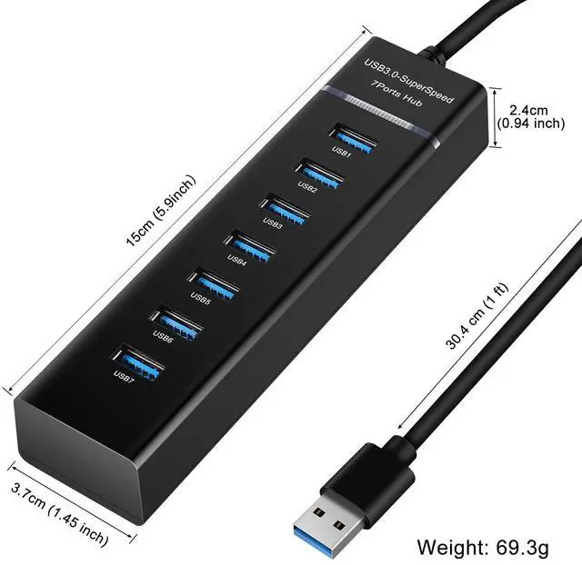Alt view image 6 of 7 - 7-Port USB Hub, Multiple USB, 6 Port USB Hub, USB 3.0 USB 2.0 Hub, USB Splitter for Laptop, PC, Keyboard, Mouse, SSD, Dell, HP, Lenovo, MacBook, Acer, Surface, 1ft