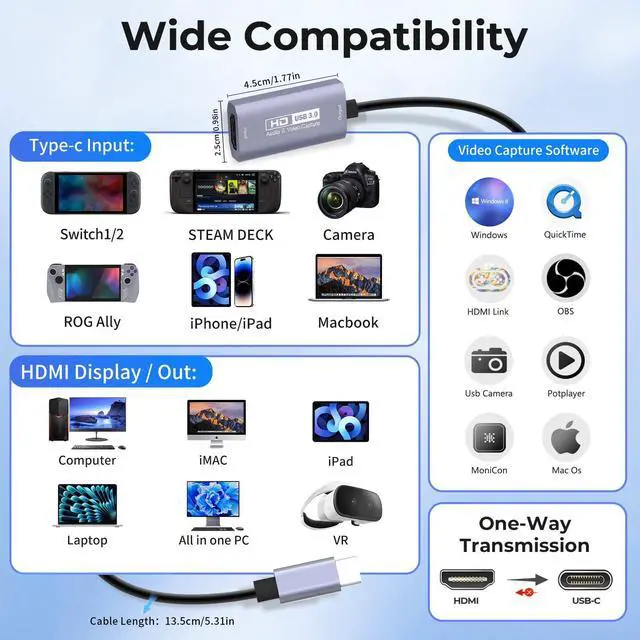 Alt view image 3 of 7 - Video Capture Card, USB 3.0 HDMI to USB C Audio Capture Card, 4K 1080p60fps Capture Devices for Gaming Live Streaming Video Recorder, Works for Windows Mac OS System for Switch, Xbox