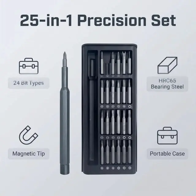 Alt view image 2 of 6 - 25-In-1 Precision Screwdriver for Men Macbook,PC,Laptop,iPhone,PS5,Xbox,Switch CRV Steel Little Space,Easy Carry,Anti-Slip Handle,Gift for Men Magnetic Torx Triwing Bits for Electronics -Silver