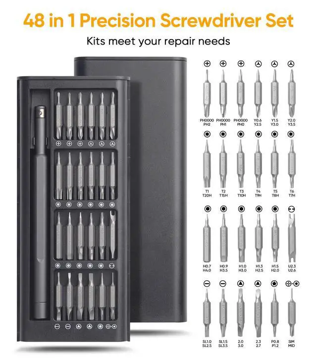 Alt view image 3 of 7 - Professional 48-in-1 Precision Screwdriver Set, Mini Repair Tool Kit with High-Performance Bearing Steel, Black Compact Case, Complete Repair Kit with Phillips, Torx, Hex Bits