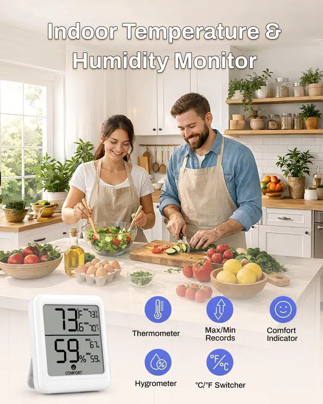 Alt view image 6 of 7 - Digital Hygrometer Indoor Room Thermometer, Accurate Temperature and Humidity Meter with Large LCD Monitor for Home, Bedroom, Terrarium, Incubator, Greenhouse, 1 Pack