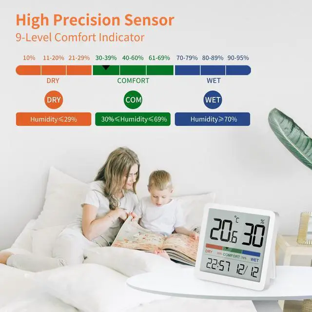 Alt view image 4 of 7 - Indoor Hygrometer Thermometer - Digital Temperature & Humidity Monitor with Calibration, Clear LCD Display & Clock, Accurate Room Gauge for Home, Baby Room, Office (2-Pack)