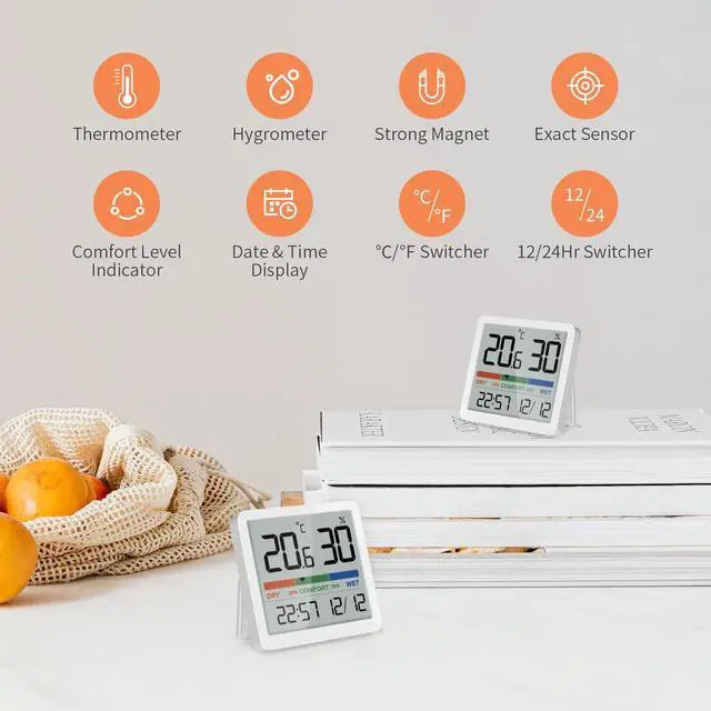 Alt view image 2 of 7 - Indoor Hygrometer Thermometer - Digital Temperature & Humidity Monitor with Calibration, Clear LCD Display & Clock, Accurate Room Gauge for Home, Baby Room, Office (2-Pack)