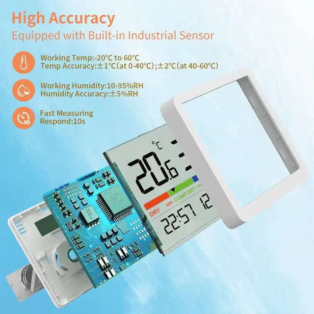 Alt view image 6 of 7 - Indoor Hygrometer Thermometer - Digital Temperature & Humidity Monitor with Calibration, Clear LCD Display & Clock, Accurate Room Gauge for Home, Baby Room, Office (2-Pack)