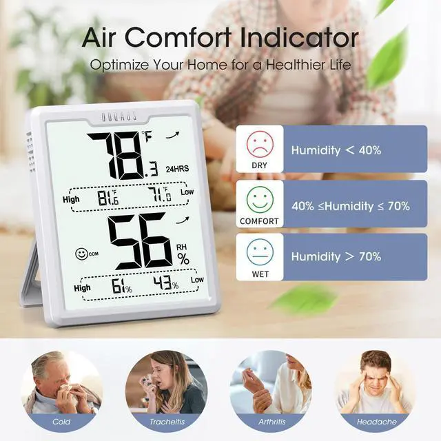 Alt view image 4 of 7 - Digital Hygrometer Room Thermometer Indoor, Humidity Meter with Large LCD Display, Temperature Humidity Monitor with Max Min Records, White